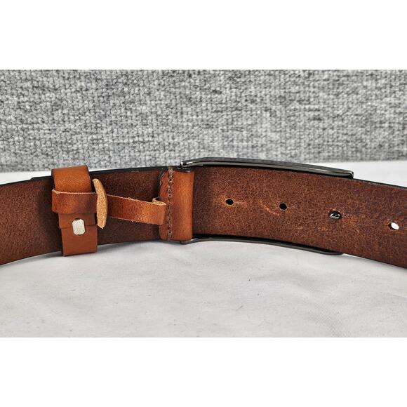 MADE IN ITALY MEN’S BROWN LEATHER BELT BRUSHED STEEL BUCKLE • SIZE 90 (31"–34") - Picture 3 of 8